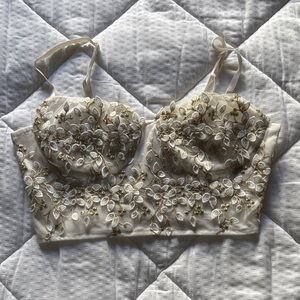 SHEIN Cream and Gold Floral Embroidered Crop Top